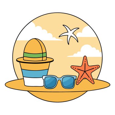 Plaj tatili, hasır şapkalı güneş gözlüklü güneş gözlüklü güneşli plaj hasır sepetli yaz titreşimleri gerektirir. Yapay zeka üretildi. Vektör simgesi