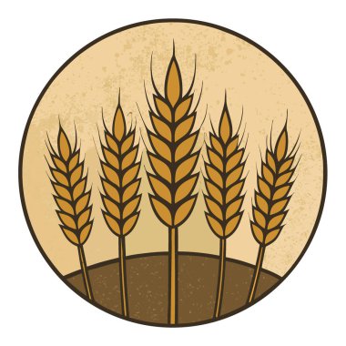 Buğday saplarını ve başları kahverengi ve bej tonlarda desenli arka planda yapay zeka tarafından üretilen bir alanda kapatın. Vektör simgesi