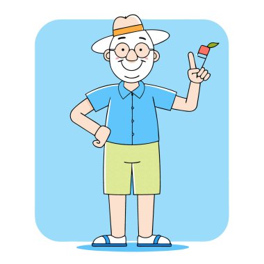 Yazlık kıyafetli yaşlı bir adam mavi bir zemine karşı kokteyl ve barış işareti ile mutlu poz veriyor. Yapay zeka üretildi. Vektör simgesi