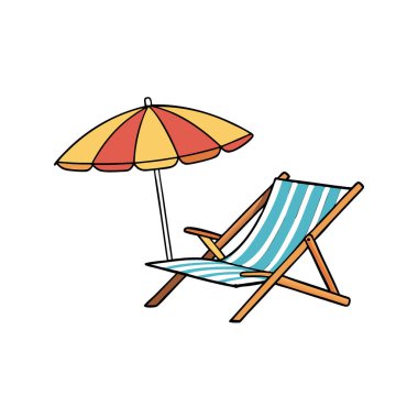 Güneş şemsiyeli plaj sandalyeleri. Beyaz arka planda izole edilmiş. Yaz rahatlama gereksinimleri. Yapay zeka üretildi. Vektör simgesi
