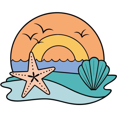 Deniz kabukları ve Denizyıldızı, Günbatımında Nazik Dalgalarla Tropikal Kaçış 'ta Kucaklaşır ve... Yapay zeka üretildi. Vektör simgesi