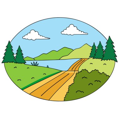 İsveç 'te Takern Gölü' nün yanındaki orman ufkuna uzanan toprak yol tarlaları. Yapay zeka üretildi. Vektör simgesi