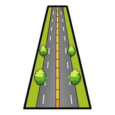 Ağaçlarla kaplı düz bir asfalt yolun havadan görünüşü. Şeffaf kesme arkaplanında izole edildi. Yapay zeka üretildi. Vektör simgesi