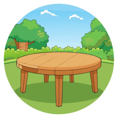 Arka planda bulanık yeşil bahçeli boş ahşap masa ve arka planda parti yapay zeka tarafından oluşturuldu. Vektör simgesi