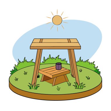 Çimen yaprakları ve yoğun güneş ışığının yer aldığı bir bahçe sahnesinde ahşap bir masa ürünü gösterimi. Yapay zeka üretildi. Vektör simgesi