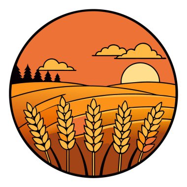 Günbatımında altın buğday tarlası güzel yaz manzarası gökyüzü kulak çiftliği yiyecek kulakları olgun, sıcak ve zengin. Yapay zeka üretildi. Vektör simgesi