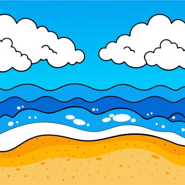 Haziran. Mavi gökyüzü, beyaz bulutlar ve kumlu bir sahilde köpüklü dalgalarla ilham verici bir yaz arkaplanı. Yapay zeka üretildi. Vektör simgesi