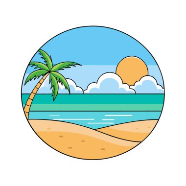 Sakin bir yaz tatili için arka planda bulanıklık ve güneşli kum içeren sakin tropikal plaj sahnesi. Yapay zeka üretildi. Vektör simgesi
