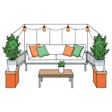 Rahat bir oturma yeri ve rahatlamak için mükemmel bir yeşillik olan şık bir balkon salonu. Yapay zeka üretildi. Vektör simgesi