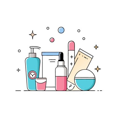 Temiz ve minimalist bir düzende üst düzey cilt bakım ürünleri içeren bir güzellik ürünü reklamı. Yapay zeka üretildi. Vektör simgesi