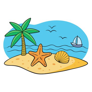 Kumsalda deniz yıldızı ve deniz kabukları olan güzel bir tropik plaj. Yapay zekanın oluşturduğu yaz temasının parlak bir illüstrasyonu. Vektör simgesi