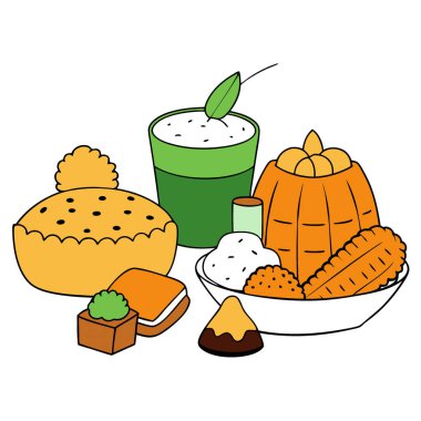 Brezilya ziyafeti çekiyoruz. Mısır keki. Hindistan cevizi tatlısı. Fıstık. Kurabiye. Ekmek pudingi sergilendi yapay zeka üretildi. Vektör simgesi