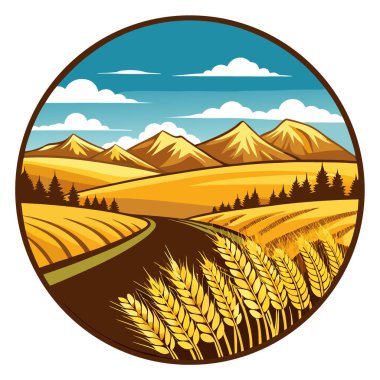 Uzak dağları ve yuvarlanan tepeleriyle dramatik gökyüzü altında altın buğday tarlaları. Yapay zeka üretildi. Vektör simgesi