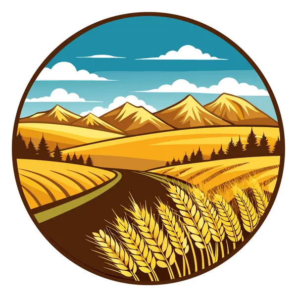 Uzak dağları ve yuvarlanan tepeleriyle dramatik gökyüzü altında altın buğday tarlaları. Yapay zeka üretildi. Vektör simgesi