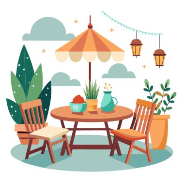 Ahşap mobilyaları olan büyüleyici bir açık hava terası. Kırsal bir masa, yapay zeka üretmiş. Vektör simgesi