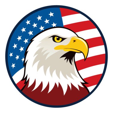 Kel Kartal Çizimi. Amerikan Bayrağı önünde Amerikan Vatansever Amblemi. Yapay zeka üretildi. Vektör simgesi