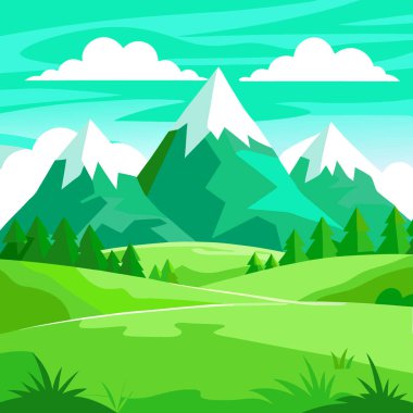 Dağları olan güzel, canlı yeşil bir manzara. Çim alanı ve bulutlar yapay zeka oluşturdu. Vektör simgesi