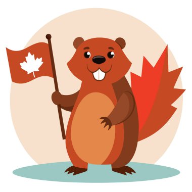 Kanada bayrağını taşıyan kunduzlar, yapay zekanın yarattığı doğal arka planda Kanada gününü kutluyor. Vektör simgesi