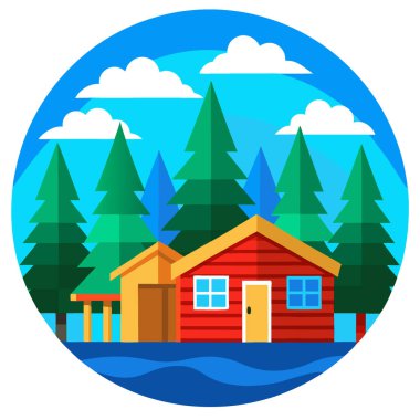 Vahşi doğadaki kulübeler. Blue Sky ve Wooden Cabin 'in bulunduğu bir pansiyon. Vektör simgesi