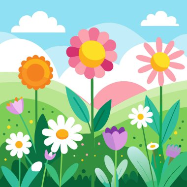 Yumuşak güneş ışığı altında papatyaları ve kır çiçekleri olan renkli bir bahar çayırı. Yapay zeka üretildi. Vektör simgesi