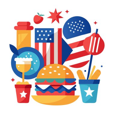 4 Temmuz kutlamaları ve toplantıları için Şenlikli Amerikan Mutfağı. Yapay zeka üretildi. Vektör simgesi