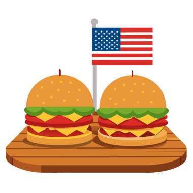 Tahta tahtalarda Amerikan Bayrağı ve Ketçap ile Vatansever Çizburgerler. Yapay zeka üretildi. Vektör simgesi