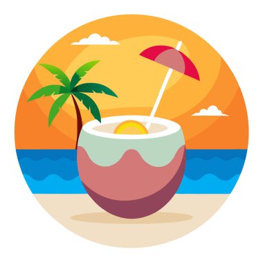 Gün batımında tropikal meyve garnitürlü hindistan cevizi kokteyli. Yapay zeka üretildi. Vektör simgesi