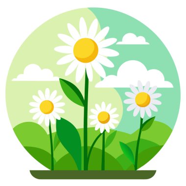 Yeşil arka planda güneşli bir günde bahçede papatyalarla hayat. Yapay zeka üretildi. Vektör simgesi