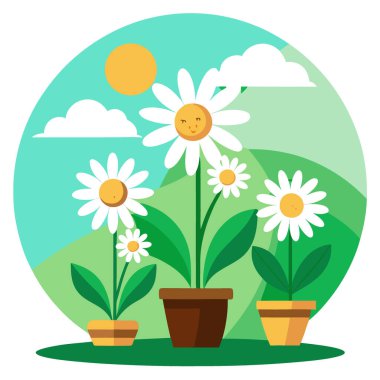 Yeşil arka planda güneşli bir günde bahçede papatyalarla hayat. Yapay zeka üretildi. Vektör simgesi