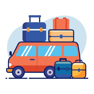 Bavullar ve bavullar bir minivanın önünde. Havaalanı transferi için hazır. Yapay zeka üretildi. Vektör simgesi
