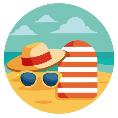 Güneş Gözlüklü Hasır Şapka ve Havlu 'nun Kapanışı. Yapay zeka üretildi. Vektör simgesi