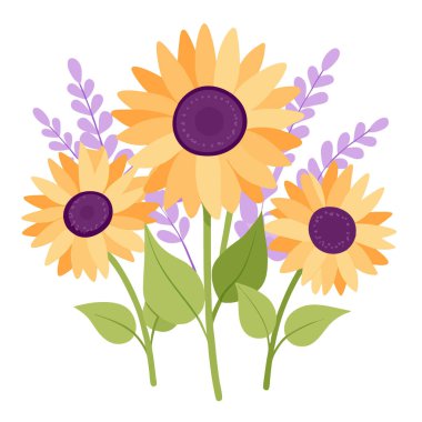 Sırılsıklam olmuş ayçiçekleri. Lavanta aksanları. Yumuşak bir doku. Baskı yapay zeka üretildi. Vektör simgesi