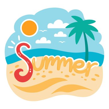 Yaz arkaplanı, kum ve güneşli sahil titreşimleri üzerine yazılmış bir yazı. Yapay zeka üretildi. Vektör simgesi