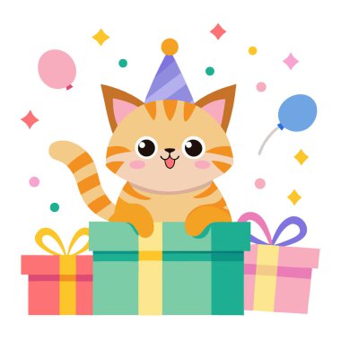 Gökkuşağı konisi şapkalı tekir kedi yavrusu parti dekoruyla hediye kutusundan dikizliyor. Yapay zeka üretildi. Vektör simgesi