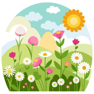 Yaz ışığında pembe sarı ve beyaz çiçekleri olan kır çiçeği çayırı. Yapay zeka üretildi. Vektör simgesi