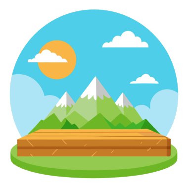 Tahta platform. Dağ manzarası. Yeşil çimenler. Güneşli gökyüzü. ürün sergisi. Yapay zeka üretildi. Vektör simgesi