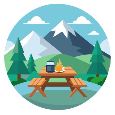 Ahşap piknik masası yürüyüşçüleri nefes kesici dağ manzarasının tadını çıkarırlar. Yapay zeka üretildi. Vektör simgesi