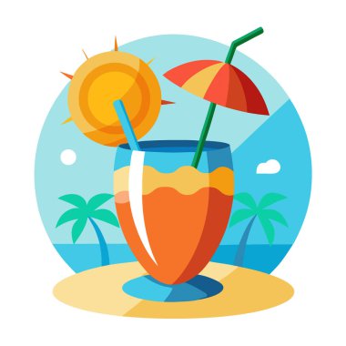 Üç boyutlu tropikal içecek. Yaz arkaplanı güneş ışığıyla yapay zeka üretildi. Vektör simgesi