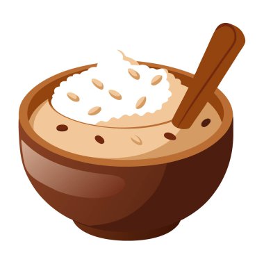 Kremalı tatlı pirinçle dolu kırsal ahşap bir kase. Tarçınlı olsun. Yapay zeka üretildi. Vektör simgesi