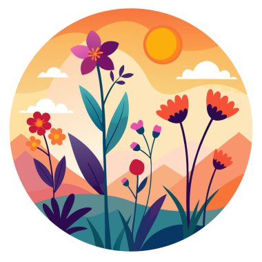 Sunsetful Vahşi Çiçekleri 'nin sıcacık güneş ışığında güzel kır çiçekleri. Yapay zeka üretildi. Vektör simgesi