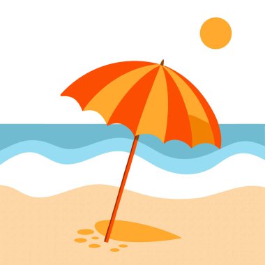 Kumlu sahilde parlak turuncu şemsiye ve yaz güneşi altında hafif dalgalar. Yapay zeka üretildi. Vektör simgesi