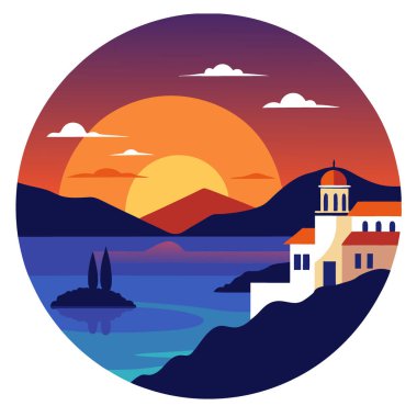 Yunanistan 'ın kastellorizo adasından Ege Denizi üzerinde nefes kesici bir gün batımı meydana geldi. Vektör simgesi