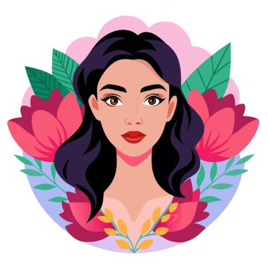 Yumuşak ışıklandırmada canlı çiçek aksanıyla büyüleyici bir güzellik portresi. Yapay zeka üretildi. Vektör simgesi