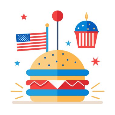 4 Temmuz kutlamaları havai fişekler ve Amerikan bayrağıyla yapılıyor. Yapay zeka üretildi. Vektör simgesi