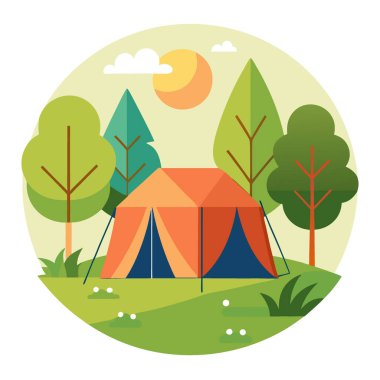 Parkta kamp çadırı. Güneş ışığı altında ağaçlar ve çimlerle çevrili yapay zeka üretildi. Vektör simgesi