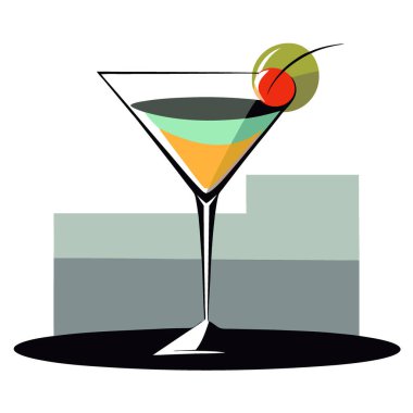 Soyut bir geçmişi olan, yansıtıcı bir yüzeyde leziz bir Martini. Yapay zeka üretildi. Vektör simgesi