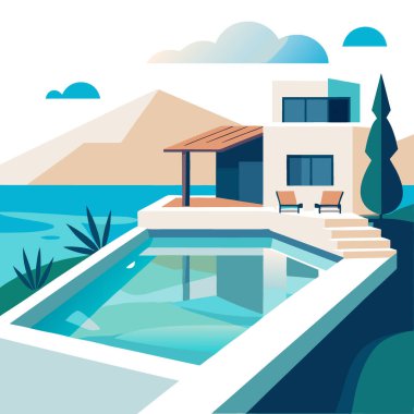 Akdeniz manzaralı sonsuz havuzlu modern lüks villa. Yapay zeka üretildi. Vektör simgesi