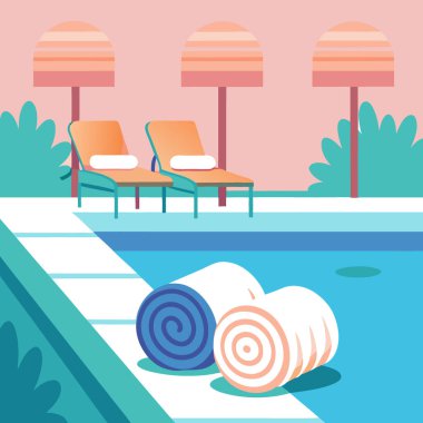 Serene Havuz Kenarı Ayarları Sandalyelerde Yuvarlanan Havlular AI görüntüsü. Yapay zeka üretildi. Vektör simgesi