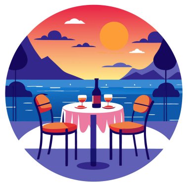 Manzaralı bir günbatımında akşam yemeği için hazırlanmış romantik deniz kenarı restoranları masaları. Yapay zeka üretildi. Vektör simgesi