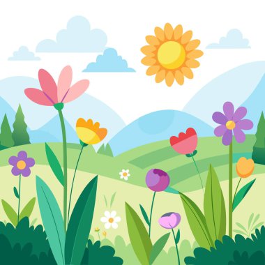 Yumuşak odaklı bahar çayırı. Hafif güneş ışığı altında renkli kır çiçekleri. Yapay zeka üretildi. Vektör simgesi